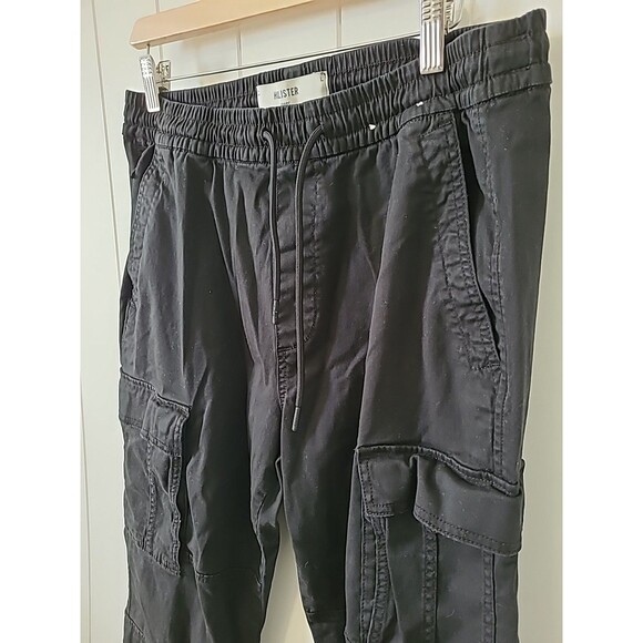 Hollister Jogger Pants Large Mens Black Logo Advance Stretch Tapered Drawstring - Picture 3 of 8